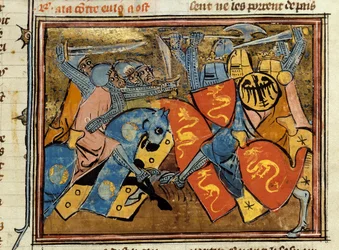 Riddere kæmper. Miniature taget fra "" Histoire de Merlin"" af Robert de Boron (Borron) (ca. 1144-ca. 1170)