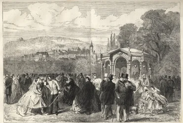 Konversationshaus - Baden Baden (Baden-Baden), Tyskland - Gåturen foran samtalehuset - Generel udsigt over Baden-Baden fra haverne i Samtalehuset - 1867