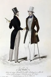 La Mode du 26 juillet 1834: (maskulin mode) jakkesæt - bukser casimir - Redingote med fløjlskrave - vest af piqué - bukser taupe skin og top hat.
