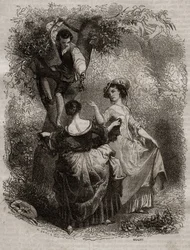 Plukke kirsebær - Illustration til skriftemål" af Jean-Jacques (Jean Jacques) Rousseau (1712-1778) - gravering af 1849