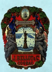 Mærket "" Independence - J. Bellot & C¡. Cognac"" (Frihedsgudinden). Kromolitografi, n.d..