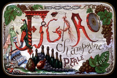 Etiket af Figaro Champagne Perle. sd. 19. århundrede.