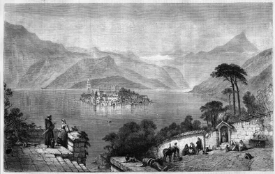 Orta-søen (Lake Cusio) (midt på øen San Giulio (Saint Jules) i provinsen Novara i Italien. Indgravering fra 1865.