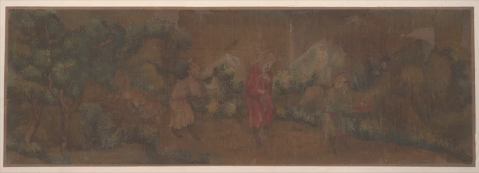 Landskabsmaleri af figur i skovmiljø (albumblad; farve på silke)