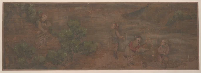 Landskabsmaleri af figur i skovmiljø (albumblad; farve på silke)