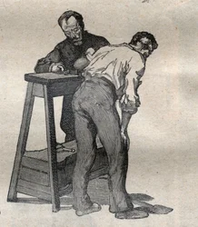 Retlig antropometri eller bertillonnage, metode af Alphonse Bertillon (1853-1914): måling af albuen - gravering i ""La Science francaise""