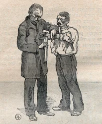 Retlig antropometri eller bertillonnage, metode af Alphonse Bertillon (1853-1914): måling af langfingeren og venstre ringfinger - gravering i "" La Science francaise"