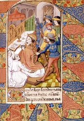 Mordet på Sankt Thomas Becket (1118-1170), engelsk prælat og politiker. Miniature fra det 14. århundrede. Victoria and Albert Library, London.