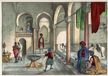 Det mauriske bad (offentligt bad) i Algier omkring 1830. I »Det gamle og moderne Algeriet« af Léon Galibert. Italiensk udgave fra 1846, i farver