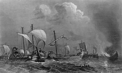 Kampen om Salamis og nederlaget til Xerces, 5. århundrede. i "General History of the Navy" under ledelse af Mr. Van Tenac