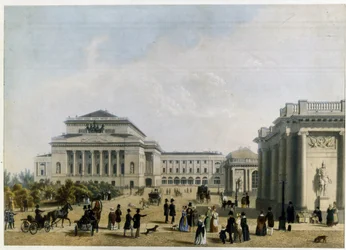 Alexandrinski-teatret (eller Alexandra) i Sankt Petersborg (Alexanderteatret i Sankt Petersborg). Anonymt værk, farvelitografi, ca. 1830. 1800-tallets klassicisme. Statens museum for teater og musikkunst, Sankt Petersborg.