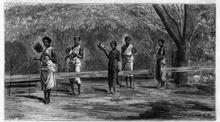 Vævning i Indien: forberedelse af kædetrådene (vridningsoperation) Indgravering af 1883. i “La Nature. Gennemgang af videnskaber og deres anvendelser til kunst og industri."