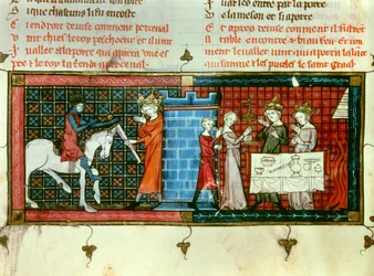 Til venstre: Perceval modtager et sværd fra kong Pescheor. Til højre: Procession af den hellige gral. Miniature fra "" Tale du Grail""