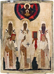 De tre hellige biskopper af Rostov: Esajas (død 1090), Leontius (død 1077), Ignatius (død 1288) - Russisk ikon: De tre hellige biskopper af Rostov: Esajas, Leontius og Ignatius. Sent 15. århundrede, Det Statslige Friluftsmuseum Rostov Kreml