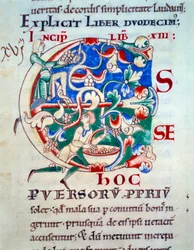 Lettrin C; en vin i begyndelsen af det 12. århundrede. Miniature af middelalderen. Manuskript "Moralia in Job"" fra Citeaux Abbey for Gregoire Pope I