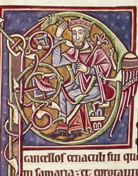 Lettrine P dekoreret af repræsentationen af kongen af landet Moab Miniature from a Bible (Ms 3088) Coimbra fra det 12. århundrede, universitetets bibliotheque