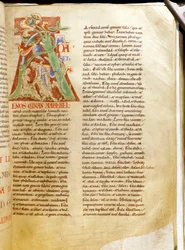 Lettrine: bogstavet "A" repræsenterer skabelsen af Adam (bible of and. harding). Miniature af manuskriptet "" Treats sur la Trinite de Saint Augustine "" fra klosteret Citeaux