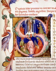 Lettrine af "" s" med miniature, der skildrer hedninger, der ærer deres idol, under to musikere og en sanger - i "" De civitate dei"" af Saint Augustine, begyndelsen af det 15. århundrede. Kommunal Bibl. af Rimini.