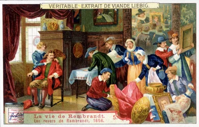 Liebig -kromolitografi om Rembrandts liv (1606 - 1669), hollandsk maler. Dette er Rembrandts tilbageslag i 1656.