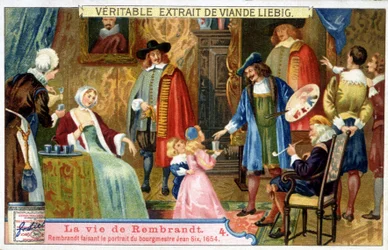 Liebig-kromolitografi om Rembrandts liv (1606 - 1669) hollandsk maler, her portrætterende borgmester Jean Six i 1654.