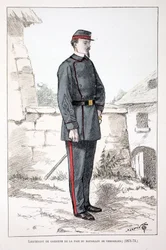 Løjtnant af fredsvogtere fra Versailles-bataljonen (1871-1873). Radering i farver, til illustration "History of the Corps of Peacekeepers""" bog udgivet i regi af Louis Lepine (1846-1933), præfekt for politiet på Seinen, af A