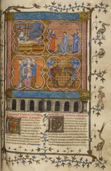Julius Cæsars liv: fire miniaturer, der viser hans fødsel, skilsmisse, pontifikat og kamp med Pompejus; tekst med dekorerede initialer og kant med fugle og grotesker.