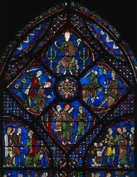 St James den Stores liv, øverste del af vinduet, farvet glasvindue (1100-tallet), Chartres Cathedral (Unescos verdensarvsliste