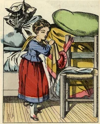 Rødhætte hjemme hos sin bedstemor. Illustration af fortællingen "Den Lille Rødhætte" af Charles Perrault