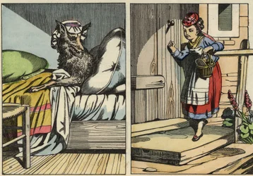 Rødhætte banker på hans bedstemors dør. Illustration af fortællingen "Den Lille Rødhætte" af Charles Perrault