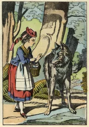 Rødhætte møder ulven i skoven. Illustration af fortællingen "Den Lille Rødhætte" af Charles Perrault