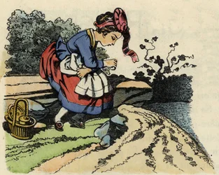Rødhætte hviler på vejen. Illustration af fortællingen "Den Lille Rødhætte" af Charles Perrault