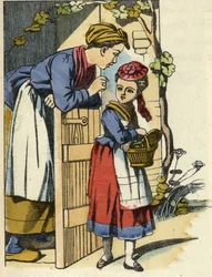 Rødhættes mor giver sine sidste anbefalinger til at tage til bedstemoderens hus. Illustration af fortællingen "Den Lille Rødhætte" af Charles Perrault