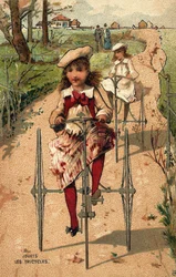 Små piger i gang med trehjulede cykler. Kromolitografi omkring 1890.