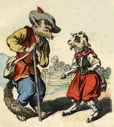 Lille barn taler med Master Fox. Illustration af fortællingen "Bon medor og Lille Chevrette". I “”Fortællinger fra hjemmet for de mindste””. Anonym gravering af det 19. århundrede.
