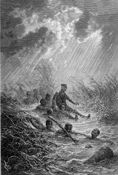 Livingstone og hans mænd krydser et vandløb - "" Livingstones sidste rejse 1866-1873"" i "" Tour du Monde"", 2. sem. 1875