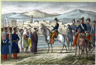 Louis Auguste, greve af Bourmont (Maréchal de Bourmont) (1773-1846) i Algeriet i 1830. i "Ancient and Modern Algeria"" af Léon Galibert. Italiensk udgave i 1846 farve.