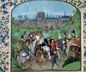 Ludvig II af Anjou og Yolande af Aragon hilser på den, der skal blive deres svigersøn, dengang Karl VII. I baggrunden; byen Paris. Miniature i "" Chronicles"" af Jean Froissart (Folio 321v)