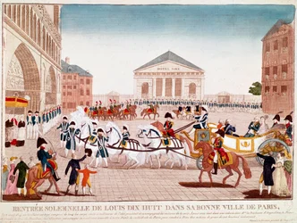 Ludvig XVIII ankommer til Notre Dame, Paris, 3. maj 1814 (gravering)