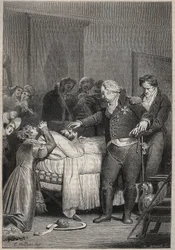 Ludvig XVIII ved hertugen af ​​Berrys dødsleje - Hertugen af ​​Berrys sidste øjeblikke den 13. februar 1820 (1778 - 1820) i Paris Opera omgivet af Ludvig XVIII og den kongelige familie - indgravering i "Histoire de France fortæl til min børnebørn”