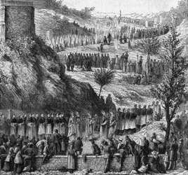 Lourdes 1864: processionen til hulen til indvielsen af statuen af Mary Immaculee.