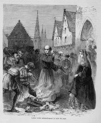 Luther brænder højtideligt pavens boble - i "Histoire des popes"" af Maurice Lachatre, sd. 19. århundrede