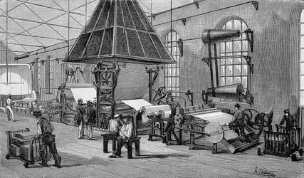 Maskine til fremstilling af løbende papir. 1800-tals gravering.