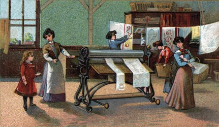 Strygemaskine. (strygning). Kromolitografi fra slutningen af 1800-tallet.