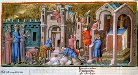 Murere, stenhuggere og arbejdere på en byggeplads i en miniatureby fra det 14. århundrede, "Canterbury-psalteret", B.N., Paris