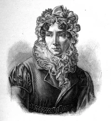 Madame de Genlis - Portræt af Stéphanie lykønsker Saint Aubins Crest (Saint-Aubin) (1746-1830), grevinde af Genlis, fransk kvinde med bogstaver.