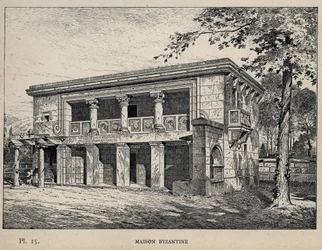 Maison Byzantine (byzantinsk hus) (gravering af 1889 i "History of human habitation at the Universal Exhibition of 1889, by Mr Charles GARNIER - Librairie centrale des beaux-arts Paris 1889