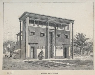Egyptian House (Egyptian House) - indgravering af 1889 i "History of human habitation at the Universal Exhibition of 1889, by Mr Charles GARNIER - Librairie centrale des beaux-arts Paris 1889