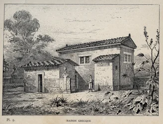 Maison Grecque (græsk hus) - indgravering af 1889 i "History of human habitation at the Universal Exhibition of 1889, by Mr Charles GARNIER - Librairie centrale des beaux-arts Paris 1889