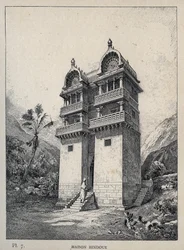 Maison Hindu (hinduistisk hus) - indgravering af 1889 i "History of human habitation at the Universal Exhibition of 1889, by Mr Charles GARNIER - Librairie centrale des beaux-arts Paris 1889