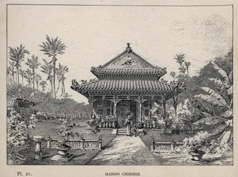 Kinesisk hus - (kinesisk hus) - indgravering af 1889 i "History of human habitation at the Universal Exhibition of 1889, by Mr Charles GARNIER - Librairie centrale des beaux-arts Paris 1889